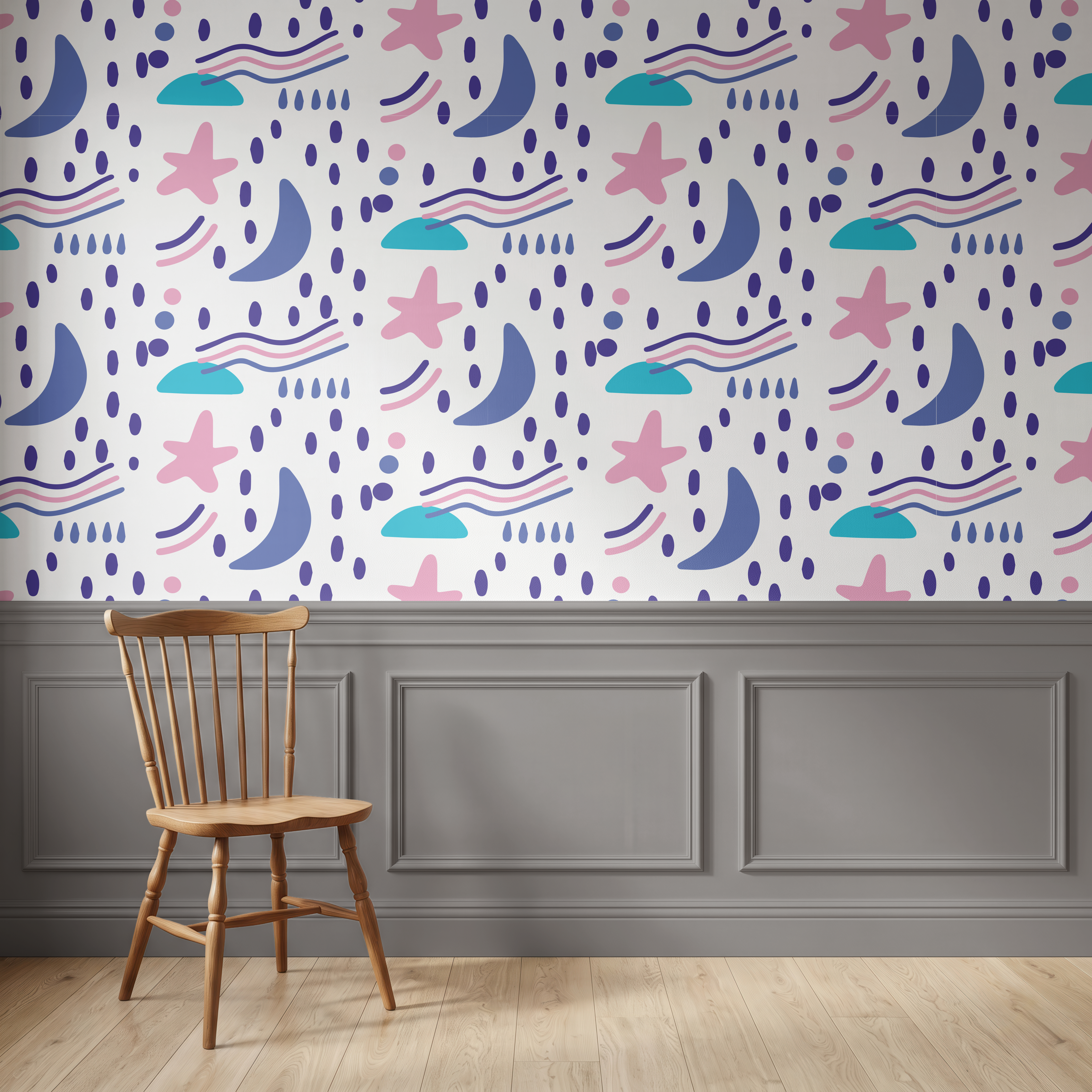 Colorful celestial wallpaper with pink stars blue crescent moons and abstract shapes above wall panelling