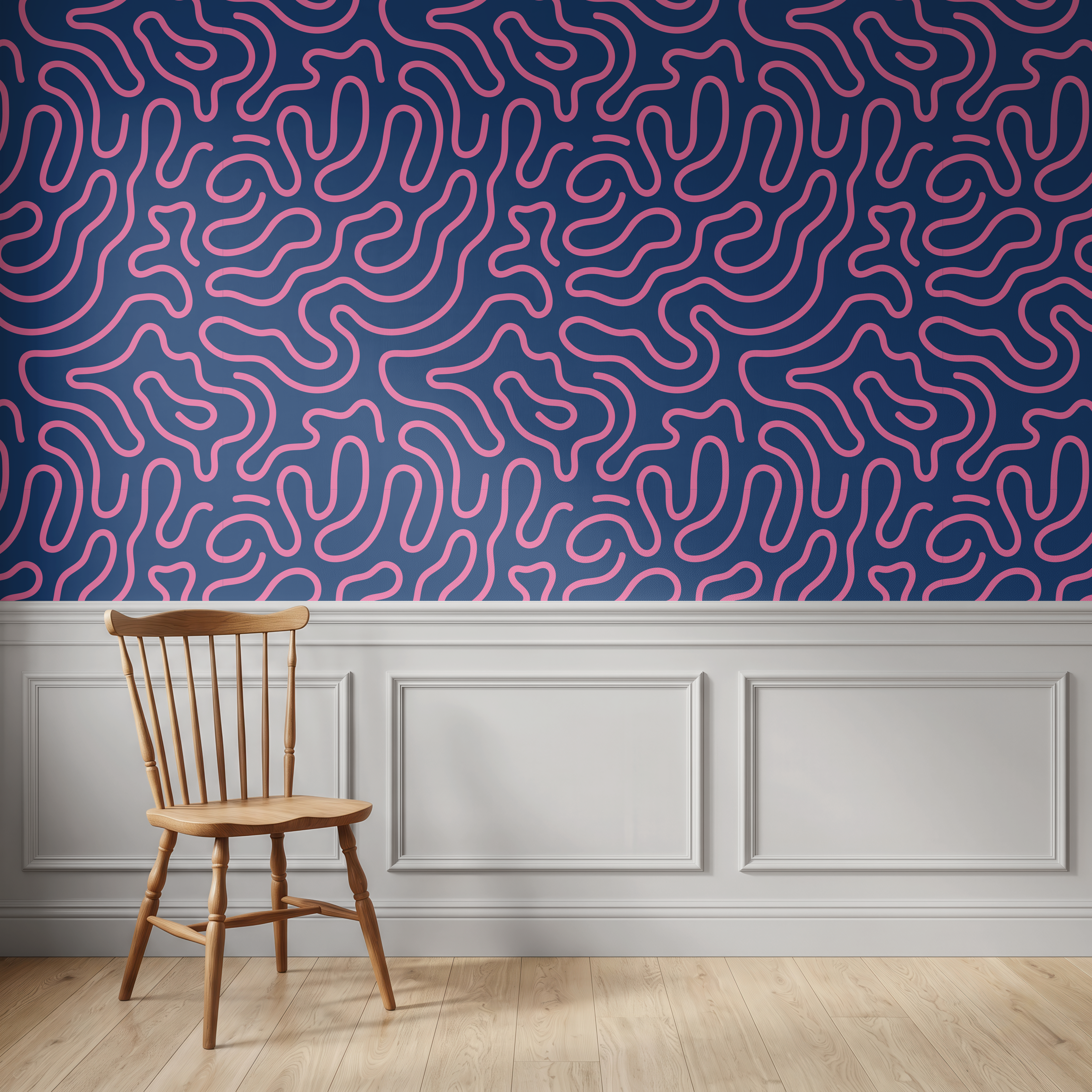 Nova Flow – Navy & Pink Abstract Squiggle Wallpaper