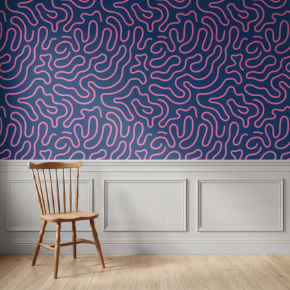 Nova Flow – Navy & Pink Abstract Squiggle Wallpaper
