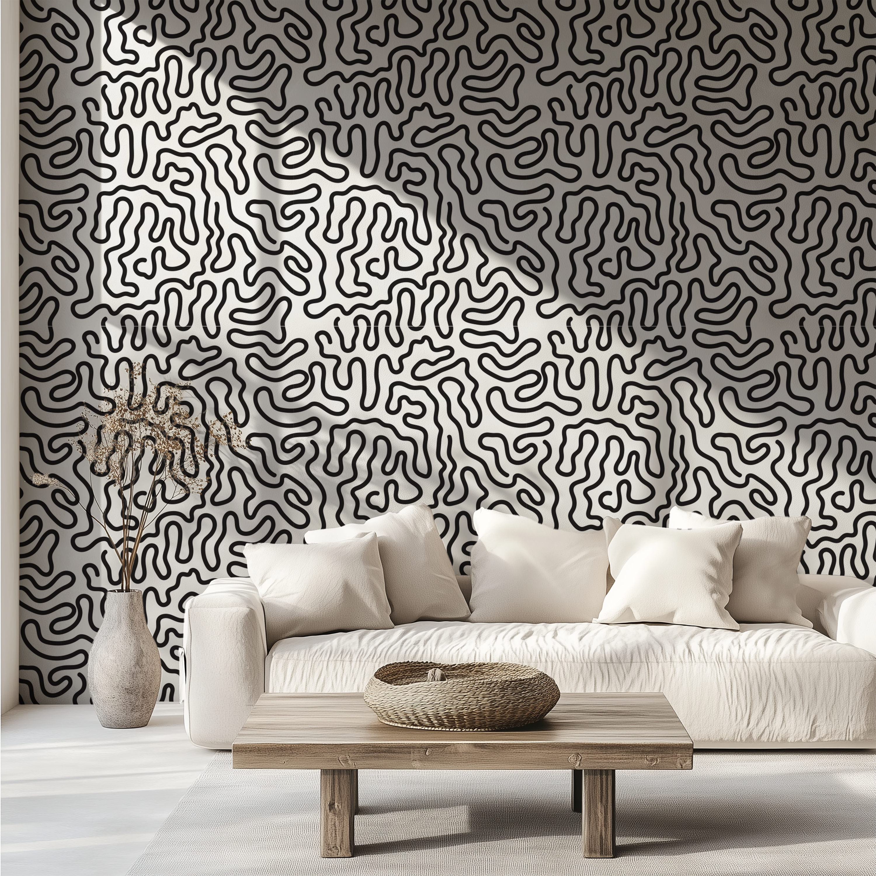 Noma Flow – Black & Cream Abstract Line Wallpaper