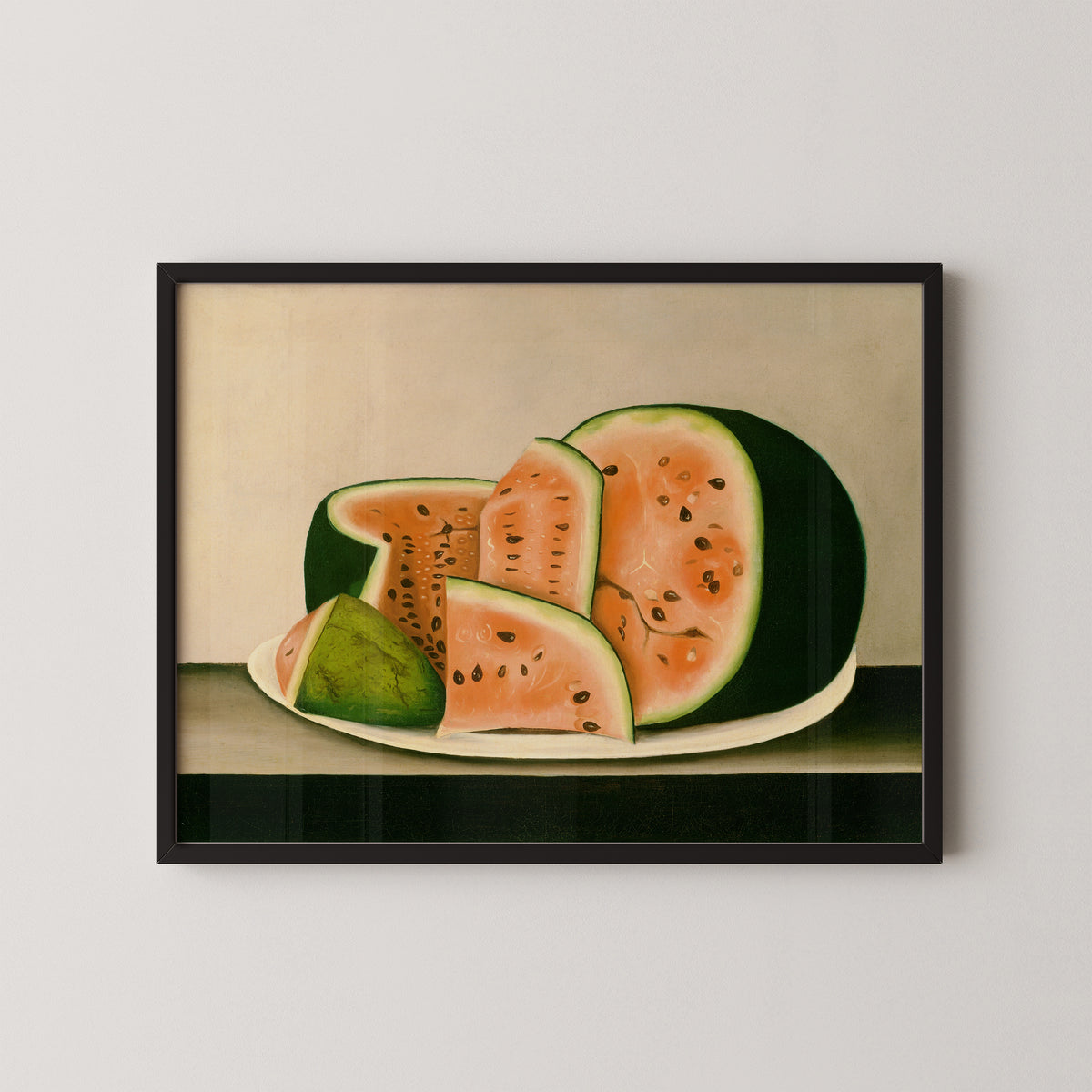 Watermelon on a Plate by American 19th Century, art print in a black frame