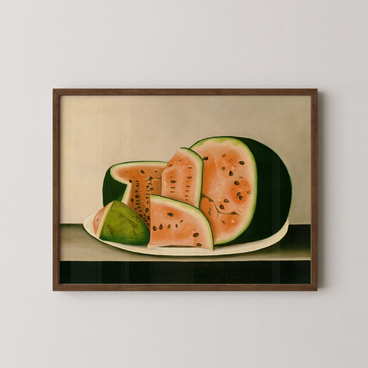 Watermelon on a Plate by American 19th Century, art print in a dark wood frame