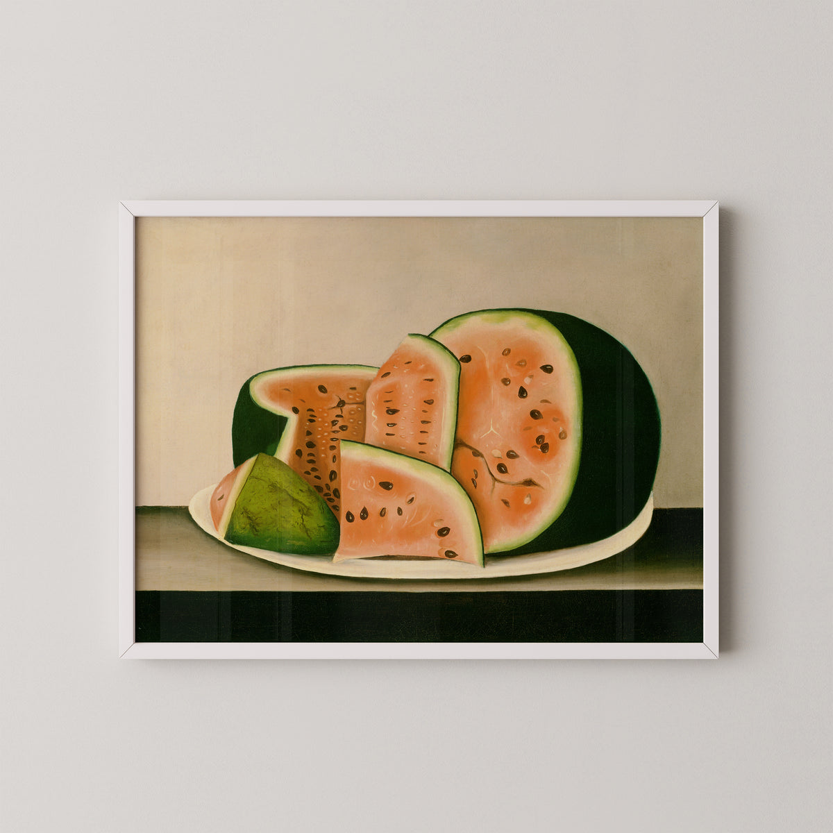 Watermelon on a Plate by American 19th Century, art print in a white frame