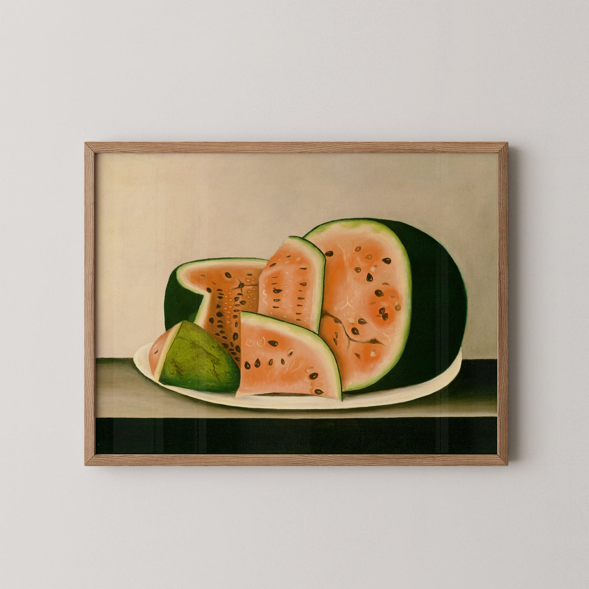 Watermelon on a Plate by American 19th Century, art print in a natural wood frame