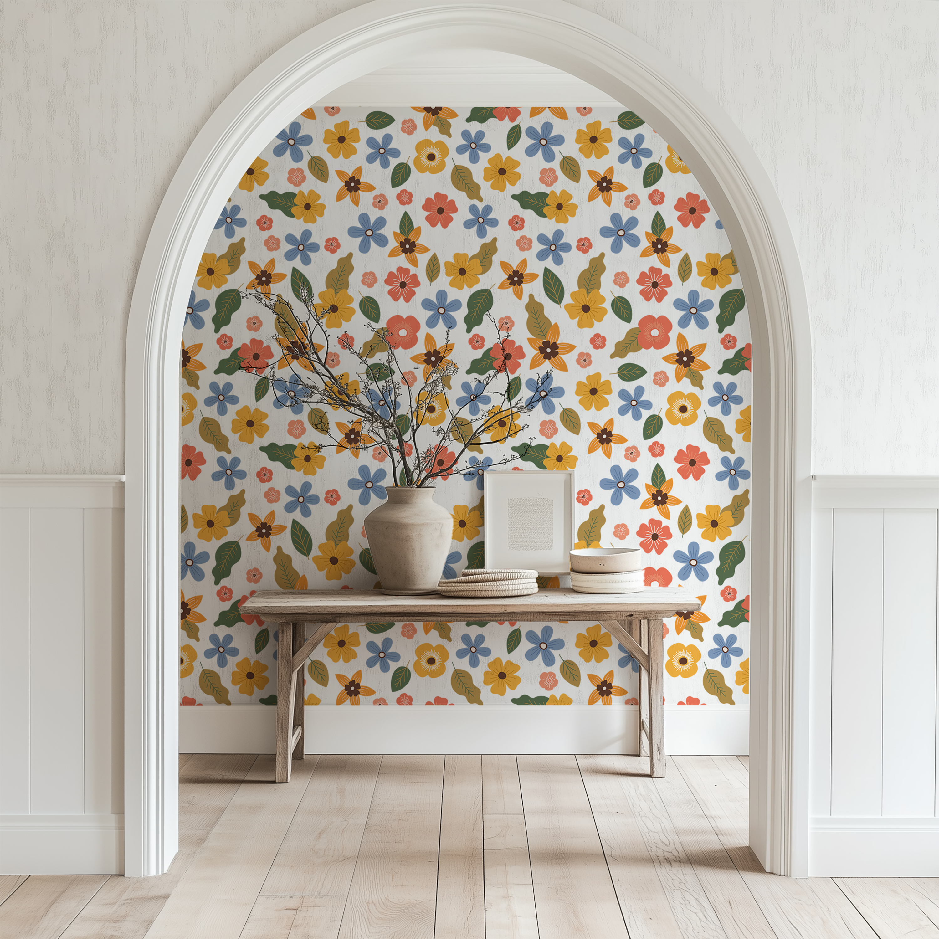 Wildflower Meadow Wallpaper with colourful hand-drawn flowers and botanical leaves.