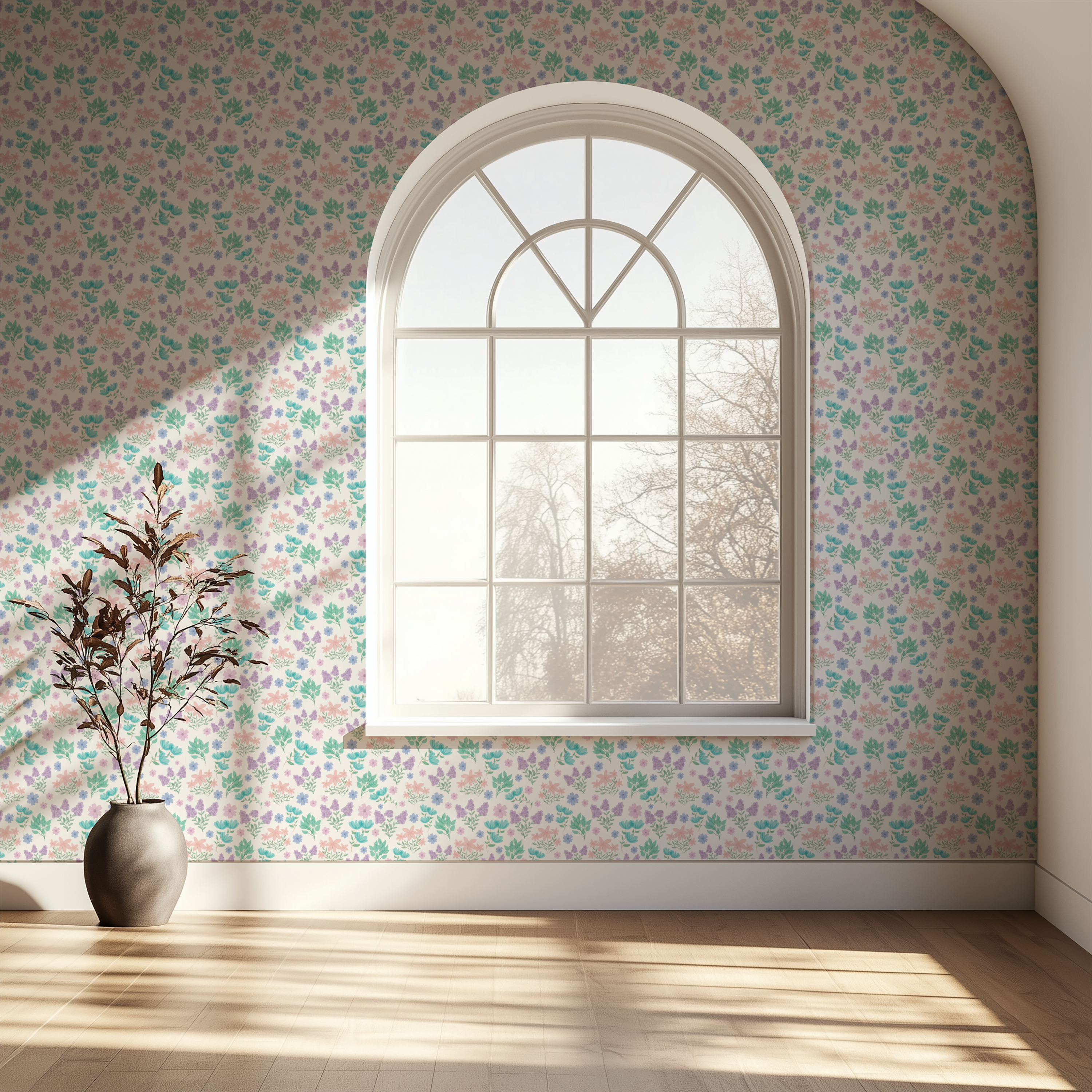 Wildflower Whisper pastel floral wallpaper adding a delicate botanical pattern to a cozy bedroom.