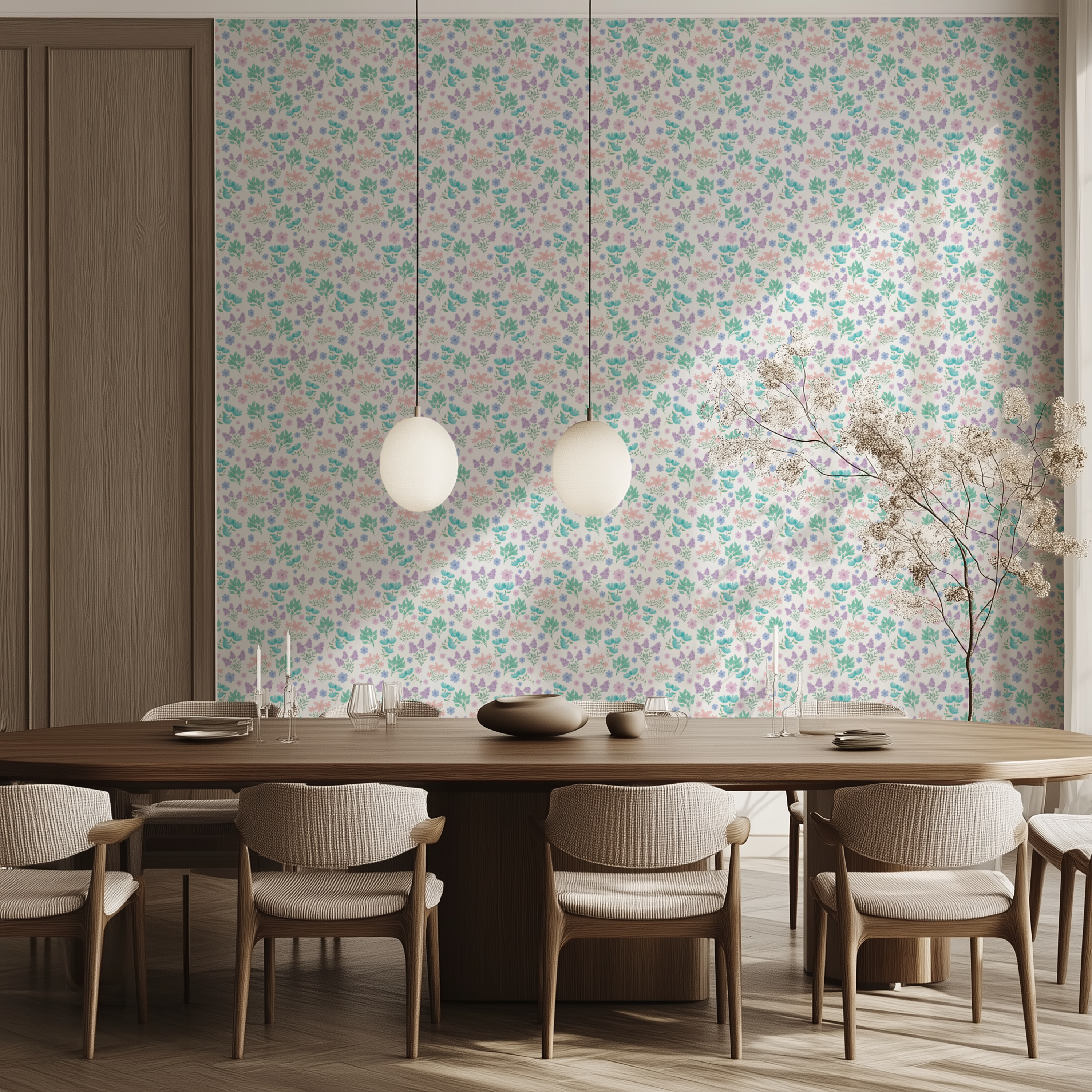 Wildflower Whisper pastel floral wallpaper with delicate pink, lavender and turquoise flowers in a bright modern dining room.