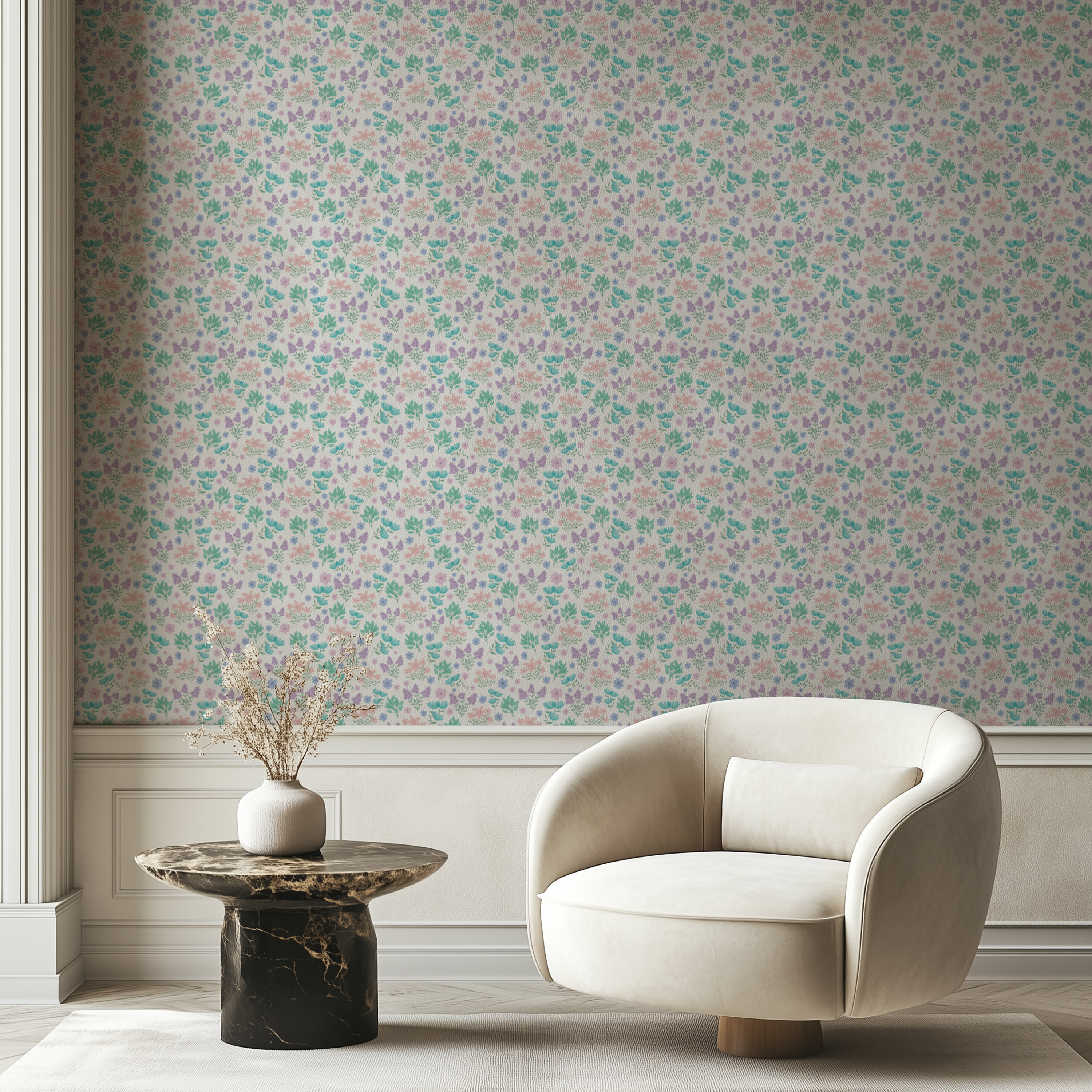 Wildflower Whisper pastel botanical wallpaper creating a soft cottagecore living room with delicate floral pattern.