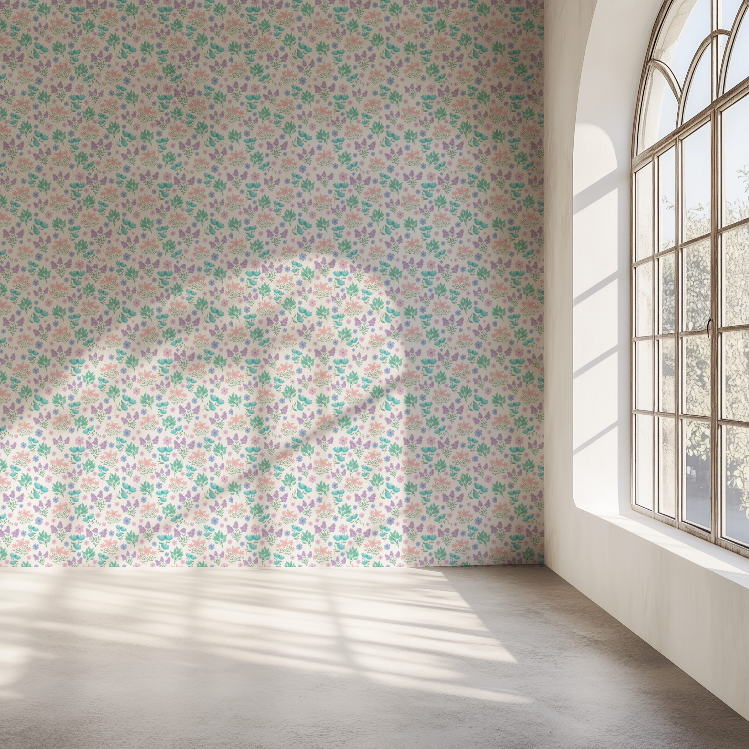 Wildflower Whisper pastel floral wallpaper with tiny wildflowers decorating a bright nursery.
