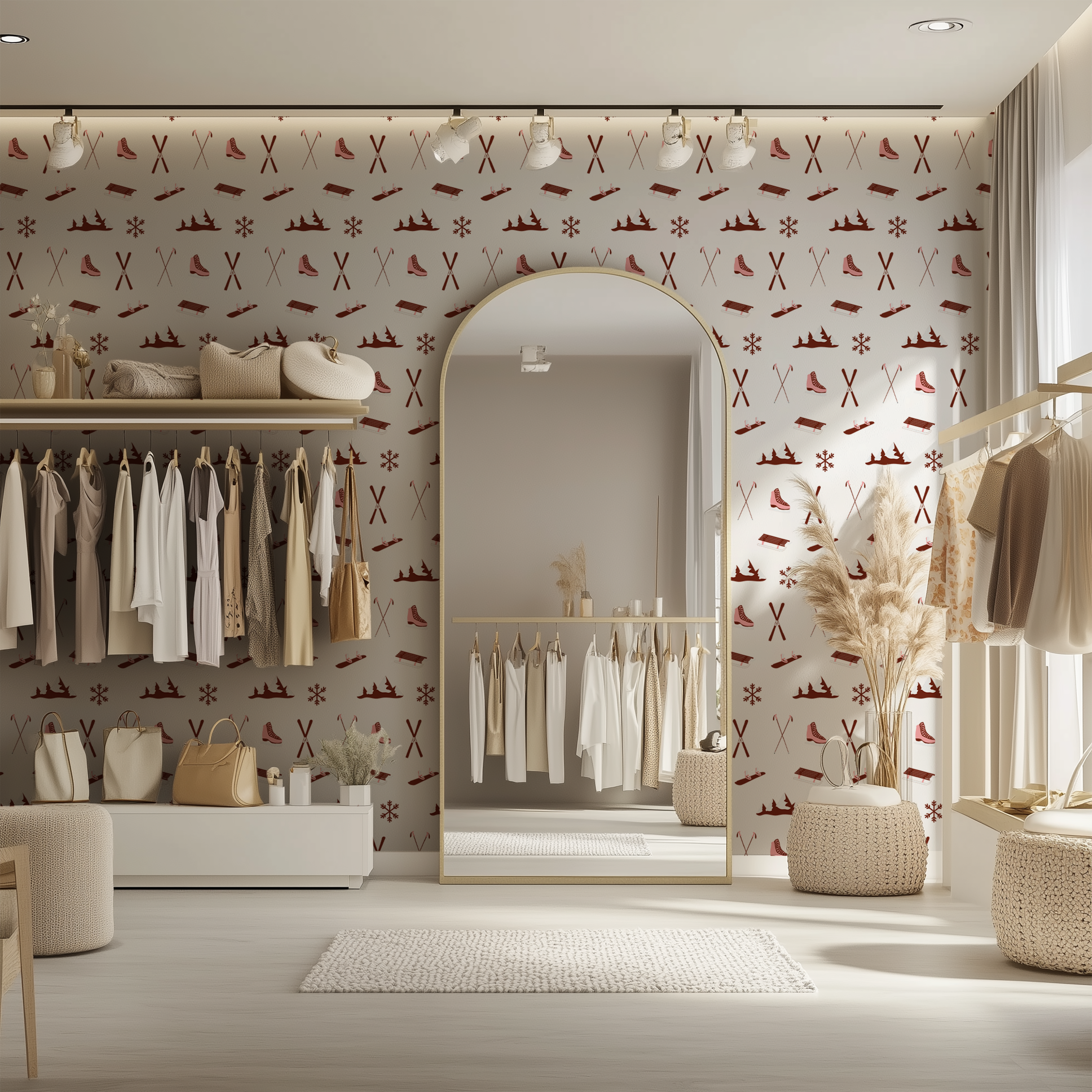 Winter sports wallpaper featuring skis poles boots and snowy motifs