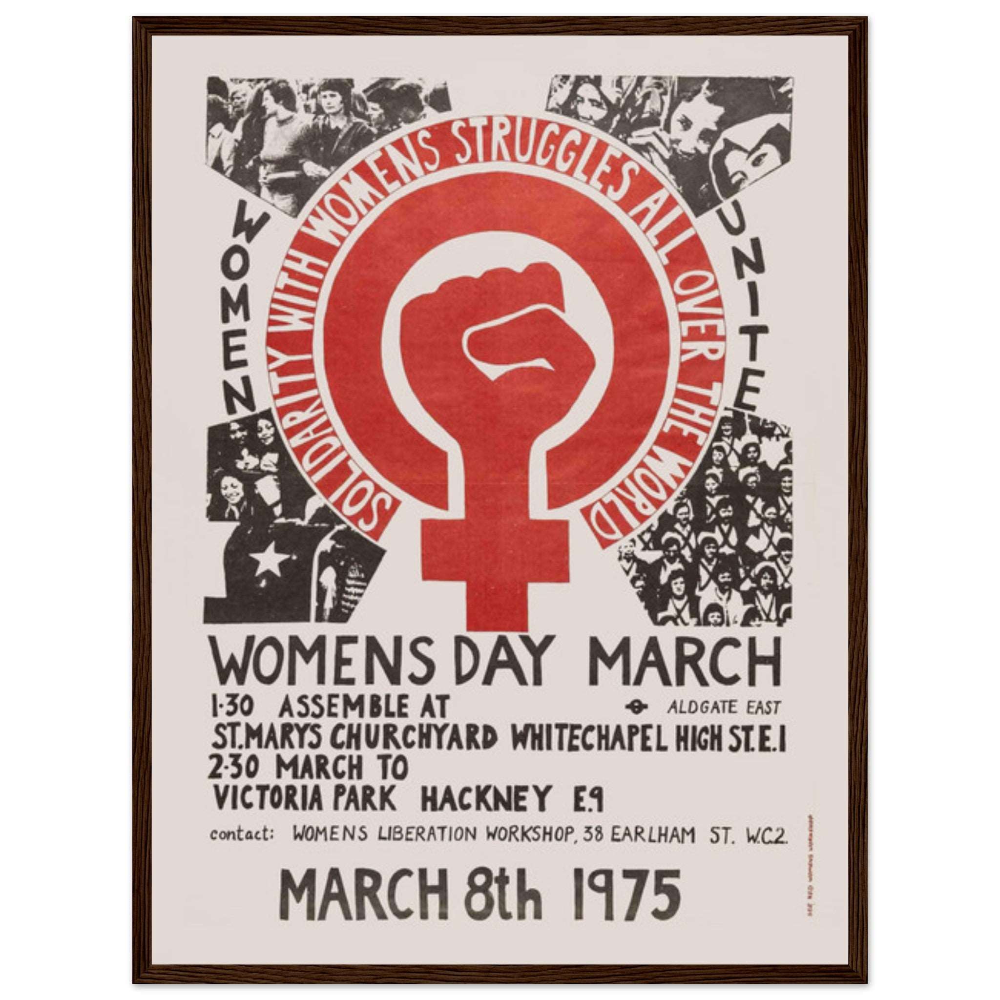 Vintage Womens Day March 1975 feminist protest poster with raised fist symbol and solidarity message