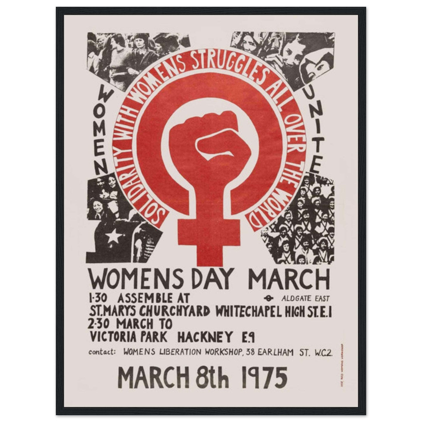 Womens liberation march poster from 1975 featuring bold feminist iconography and activism