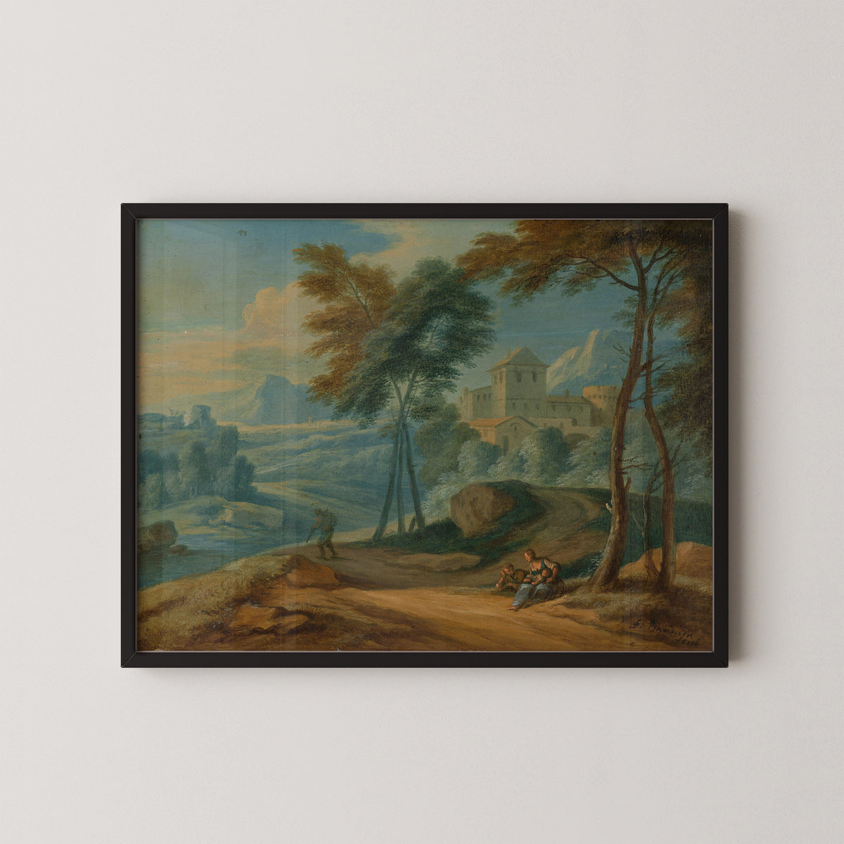 Wooded Italianate Landscape with Figures by François Boudewyns, art print in a black frame