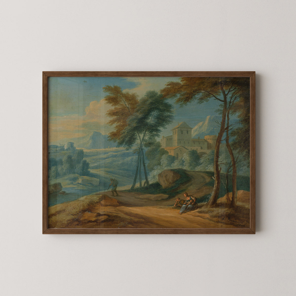 Wooded Italianate Landscape with Figures by François Boudewyns, art print in a dark wood frame