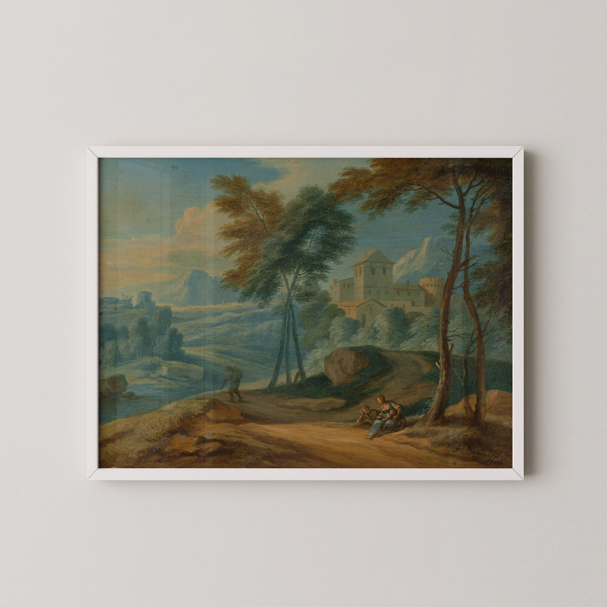 Wooded Italianate Landscape with Figures by François Boudewyns, art print in a white frame