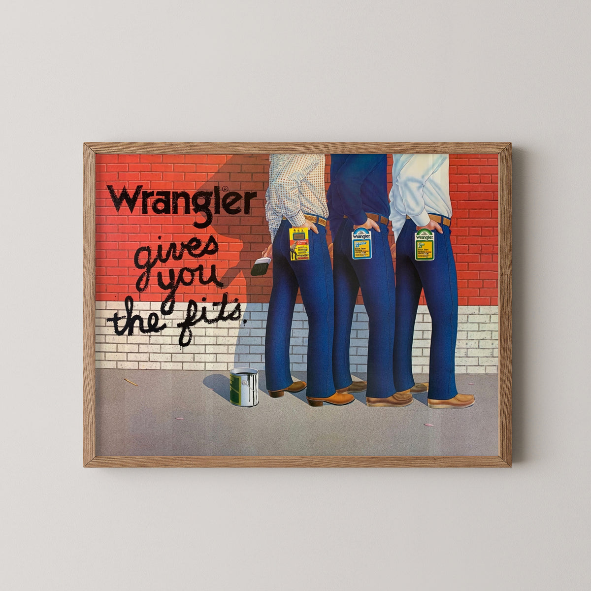 wrangler jeans vintage poster – wood frame mockup