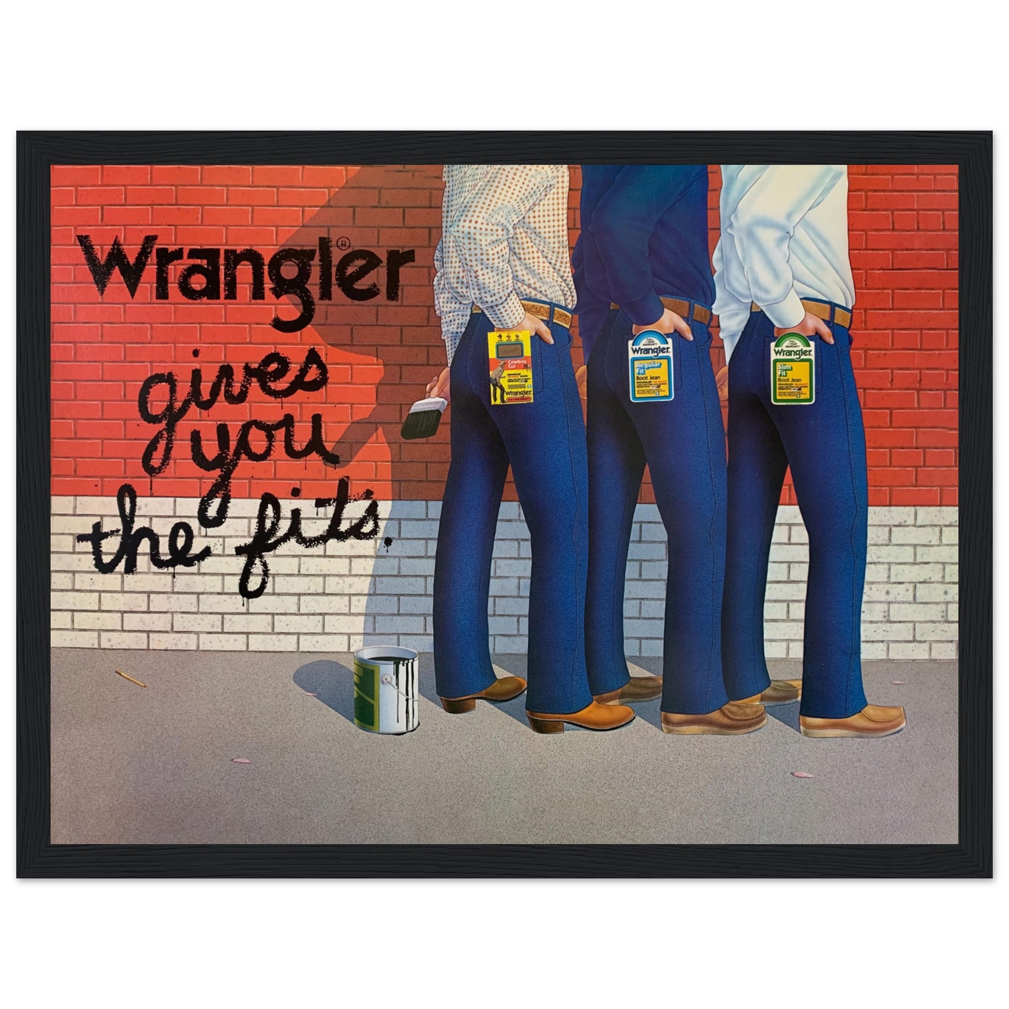 Celebrate iconic American denim with this Wrangler jeans vintage poster, featuring a classic advertisement design that embodies timeless western fashion. Perfect for retro collectors, fashion enthusiasts, and denim lovers, this stylish Wrangler poster brings a touch of American heritage into your home or office decor. Ideal for fans of vintage advertising, Western apparel, and 90s fashion.