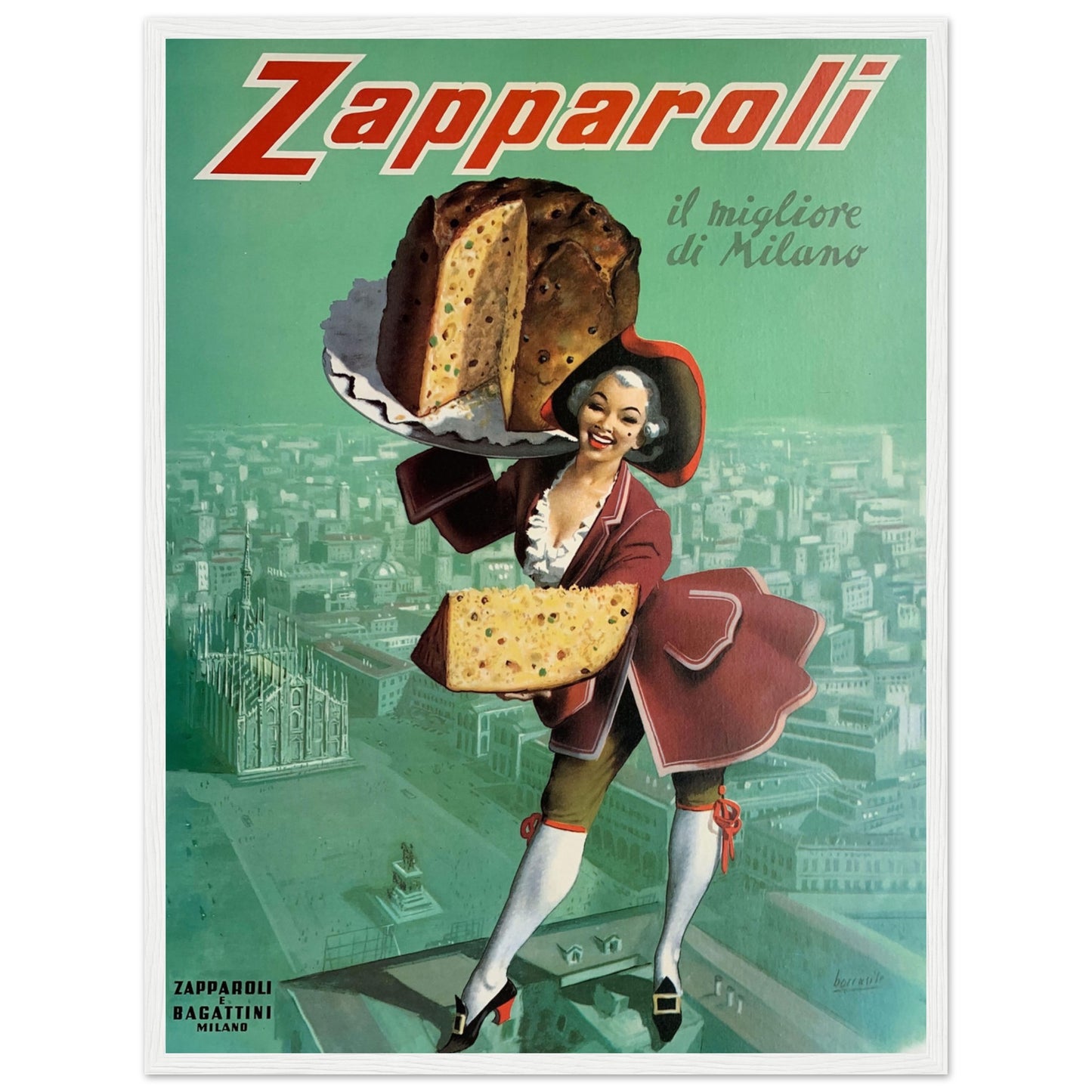 Zapparoli panettone advertisement poster from Italy — charming vintage artwork celebrating Milan’s pastry tradition and design history.