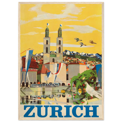 Vintage wall art showing Zurich Grossmünster cathedral towers and vibrant city landscape