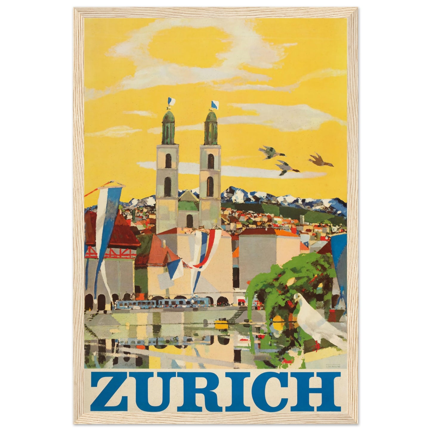 Vintage Zurich scenic view poster highlighting historic buildings, mountains, and lakeside reflections