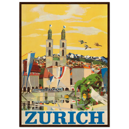 Swiss tourism poster of Zurich with colorful buildings, flags, lake reflections, and alpine scenery