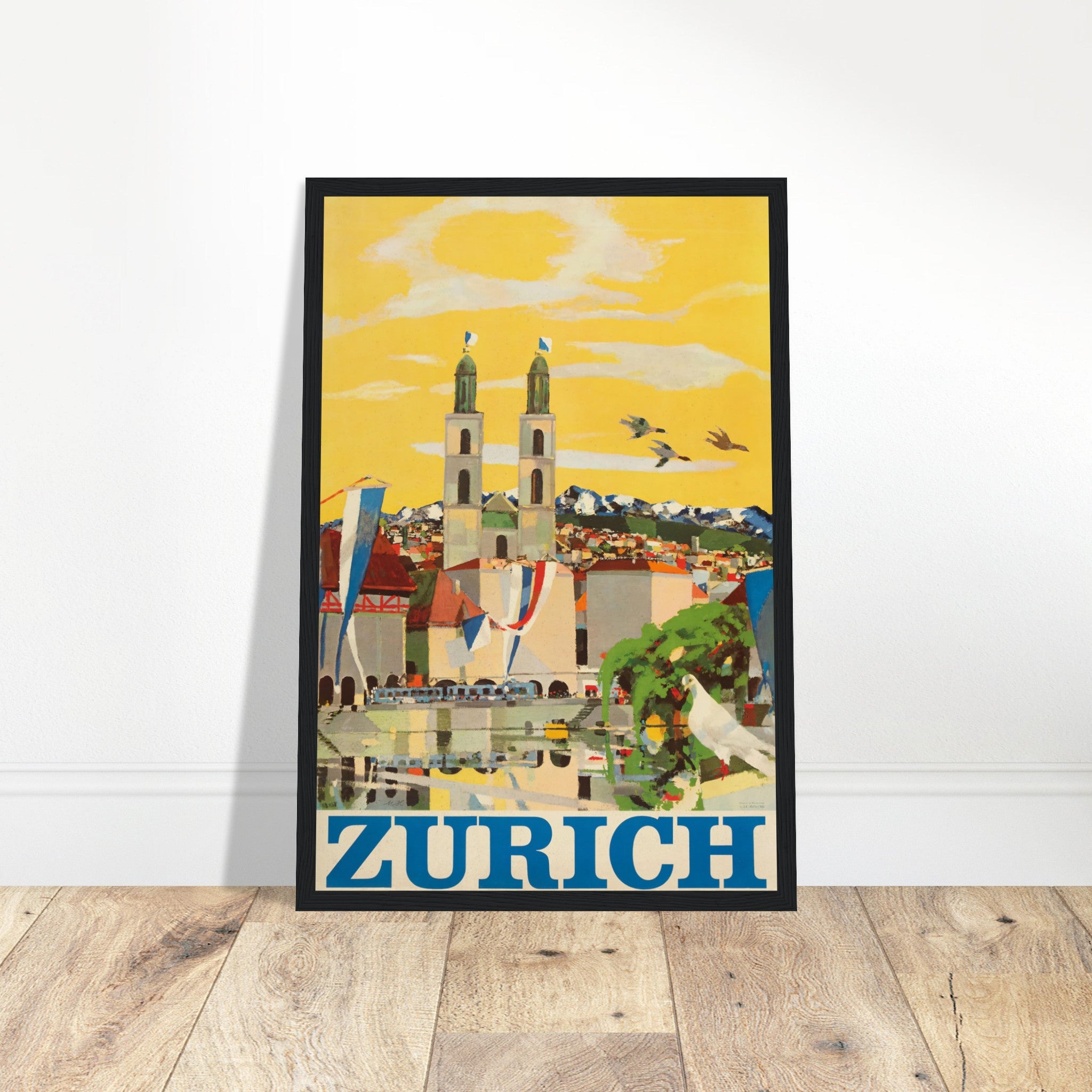 Vintage Zurich travel poster featuring the Grossmünster towers, alpine mountains, and lakeside city view
